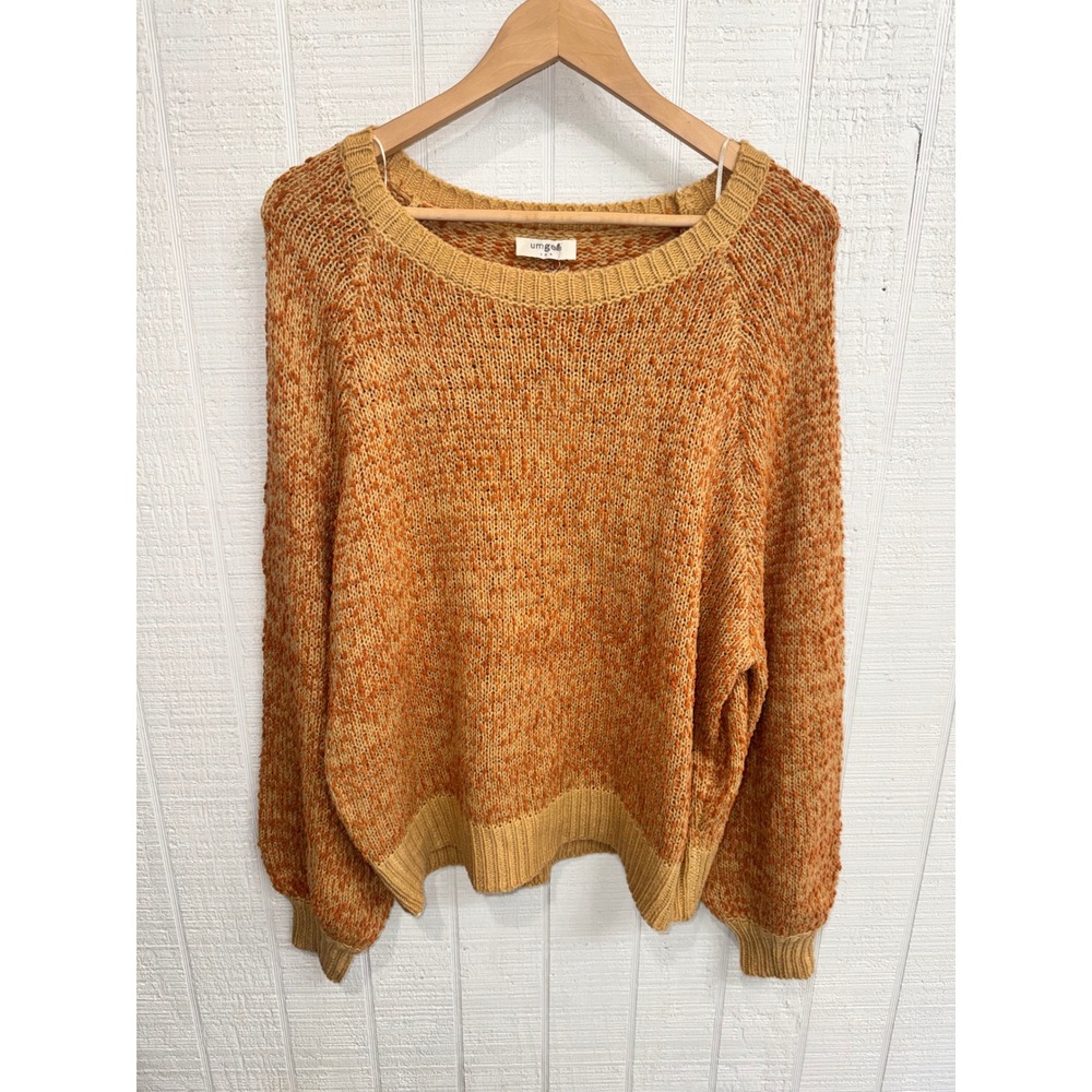 Umgee USA Sweater Womens Camel Orange Marled Textured Knit Raglan Scoop Neck M